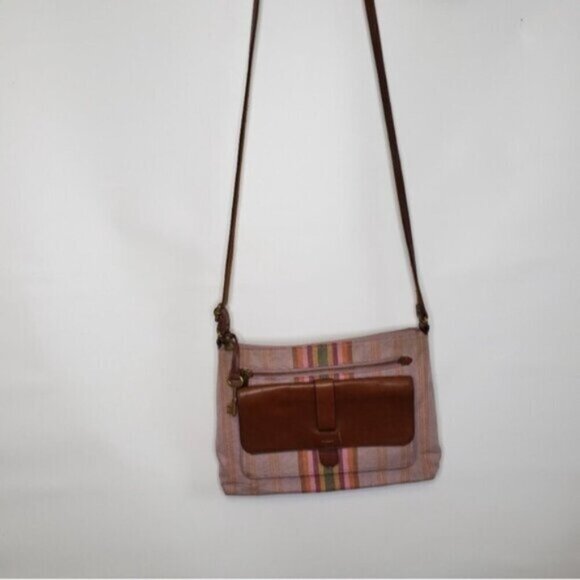 Fossil Kinley Crossbody Bag Cotton Leather Multicolor Stripes Key Charm - Picture 3 of 16